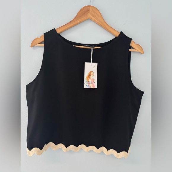 NWT Pretty Garden Top Black Sleeveless with Cream Trim Boho Chic L - Picture 4 of 8